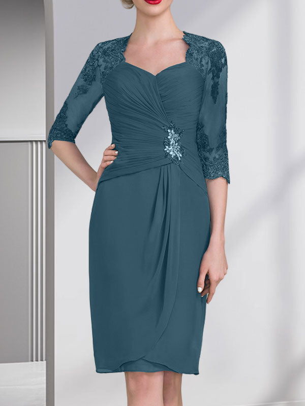 Vestido de gasa para madre de la novia con escote corazón, largo hasta la rodilla, con apliques de cuentas, encaje y lentejuelas plisado.