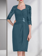 Vestido de gasa para madre de la novia con escote corazón, largo hasta la rodilla, con apliques de cuentas, encaje y lentejuelas plisado.