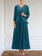 Vestido de gasa para madre de la novia, corte A, escote en V, largo hasta los tobillos, con apliques de lentejuelas, encaje y cuentas