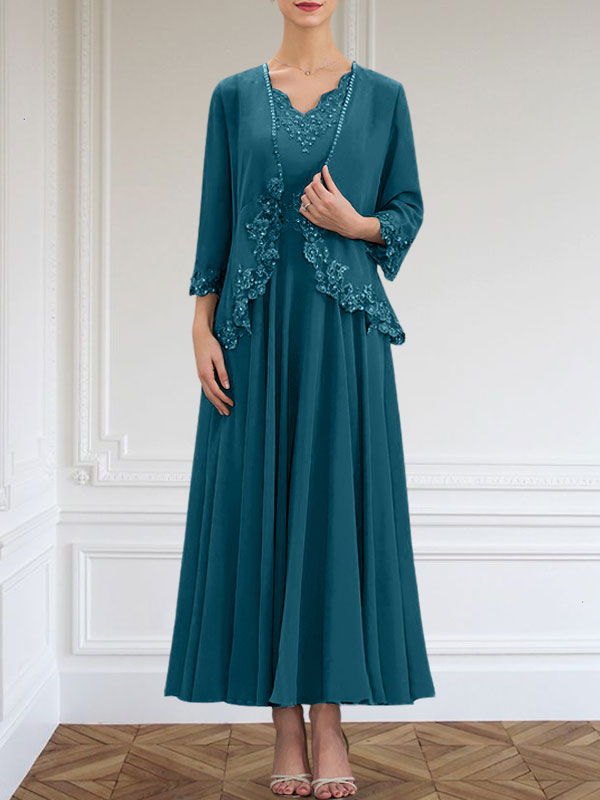 Vestido de gasa para madre de la novia, corte A, escote en V, largo hasta los tobillos, con apliques de lentejuelas, encaje y cuentas