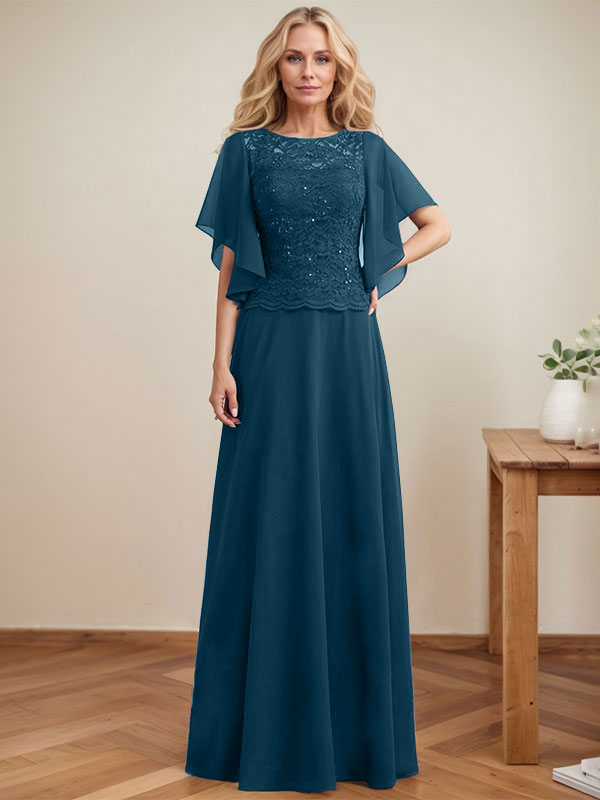Vestido de gasa con encaje y lentejuelas para madre de la novia, corte A, escote ilusión, largo hasta el suelo