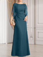 Vestido de gasa para madre de la novia con corte tubo/columna, escote redondo y largo hasta el suelo, con cuentas plisadas