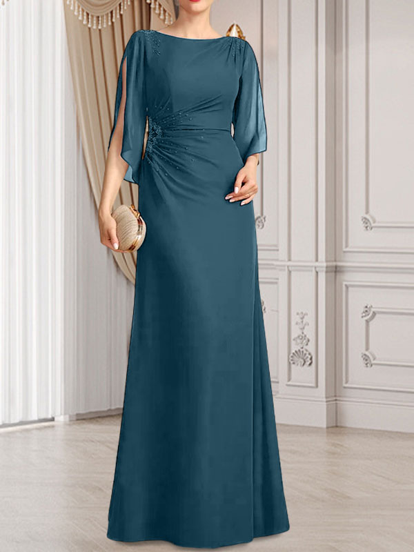 Vestido de gasa para madre de la novia con corte tubo/columna, escote redondo y largo hasta el suelo, con cuentas plisadas