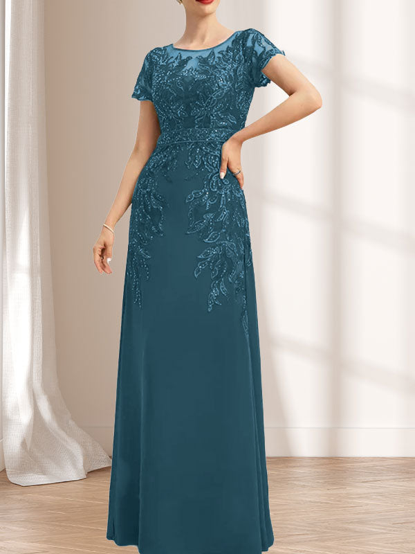 Vestido de madre de la novia de gasa con encaje, escote redondo, ilusión, largo hasta el suelo, con lentejuelas