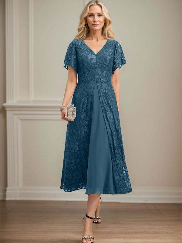 Vestido de gasa con encaje y escote en V para madre de la novia, largo hasta la rodilla