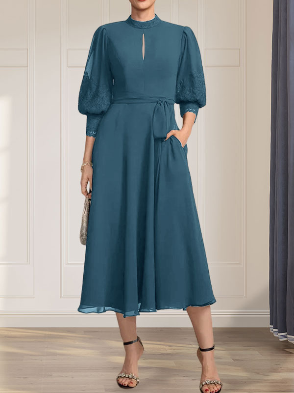 A-Linien-Kleid mit hohem Halsausschnitt und bodenlangem Spitzenchiffonkleid mit Schleife