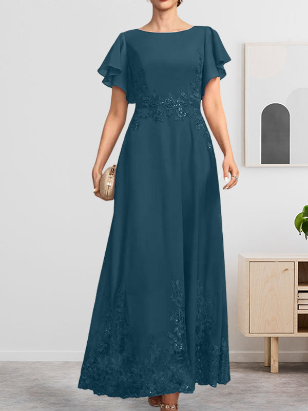 A-Linie U-Ausschnitt Knöchellang Spitzen-Chiffon-Kleid für die Brautmutter mit Pailletten