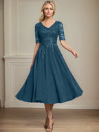 Vestido de gasa con encaje y lentejuelas para madre de la novia, corte A, escote en V y largo hasta la rodilla