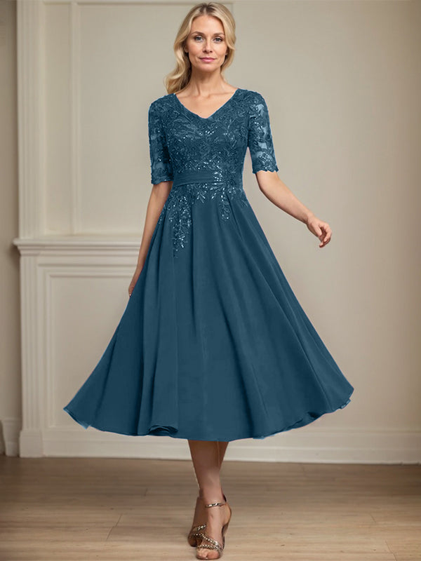 Vestido de gasa con encaje y lentejuelas para madre de la novia, corte A, escote en V y largo hasta la rodilla