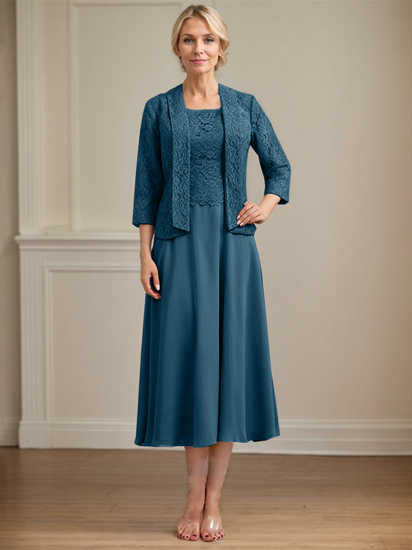 Vestido de gasa con encaje y escote redondo hasta la rodilla para madre de la novia