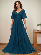 Vestido de gasa para madre de la novia, corte A, escote en V, largo hasta el suelo, con apliques de lentejuelas y encaje plisado