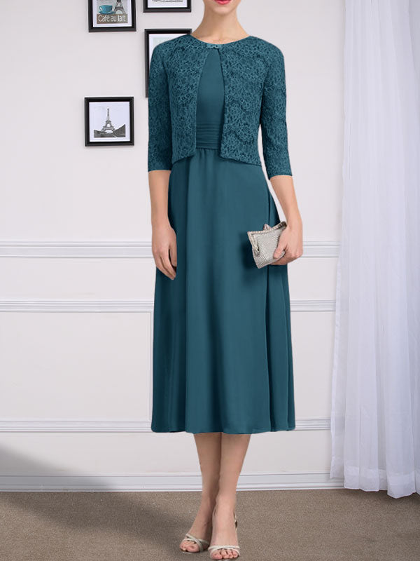 Vestido de gasa para madre de la novia con corte en A, escote redondo y largo hasta la rodilla con pliegues
