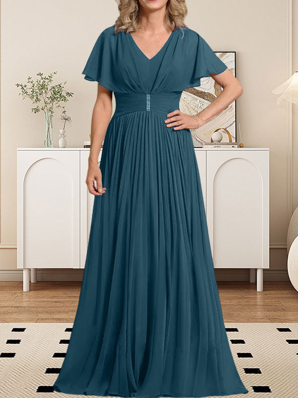 Vestido de gasa para madre de la novia, corte A, escote en V, largo hasta el suelo, con broche de cristal y plisado