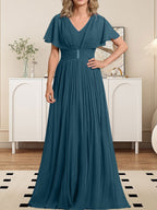 Vestido de gasa para madre de la novia, corte A, escote en V, largo hasta el suelo, con broche de cristal y plisado