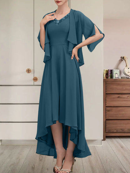 A-Linien-Kleid mit V-Ausschnitt, asymmetrischem Chiffon für die Brautmutter mit Perlen und Pailletten