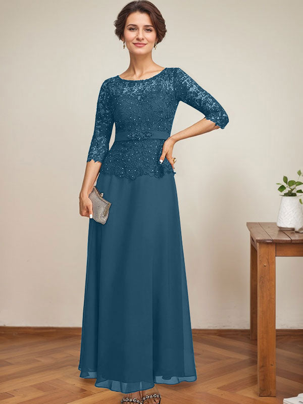 Vestido de gasa con encaje y escote en A, ilusión, largo hasta los tobillos, para madre de la novia con cuentas de diamantes de imitación