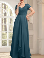 Vestido de madre de la novia de gasa con encaje, corte en A, escote corazón, largo hasta el suelo, con volantes en cascada y cuentas