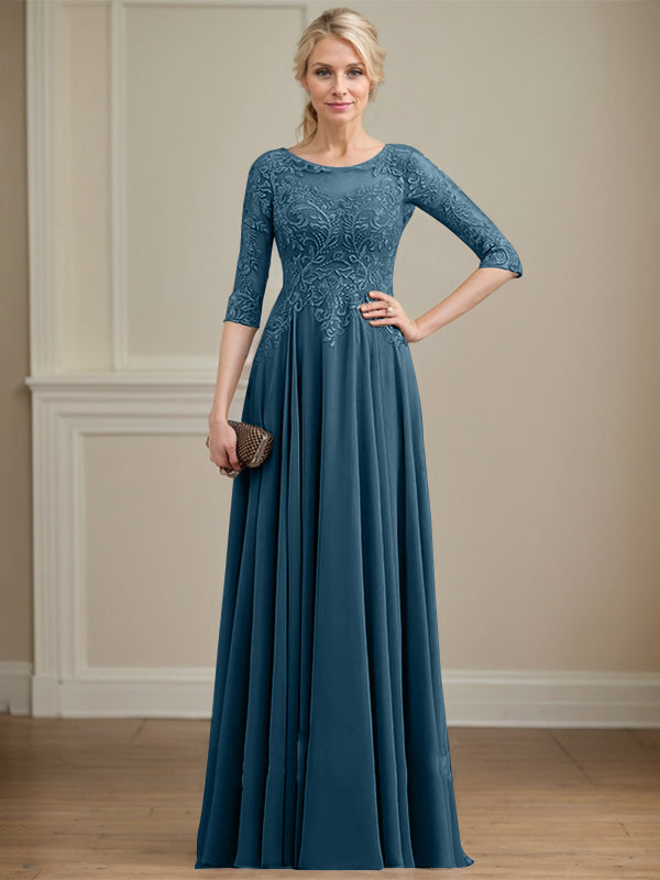 Vestido de gasa con encaje y lentejuelas para madre de la novia, corte A, escote ilusión, largo hasta el suelo