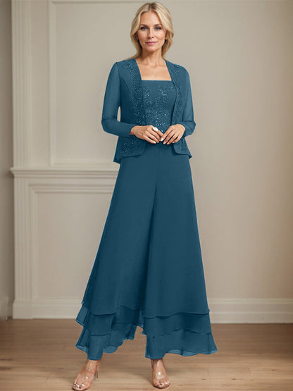Separates Jumpsuit/Hosenanzug Quadratisches Knöchellanges Spitzenchiffonkleid für die Brautmutter mit Pailletten 