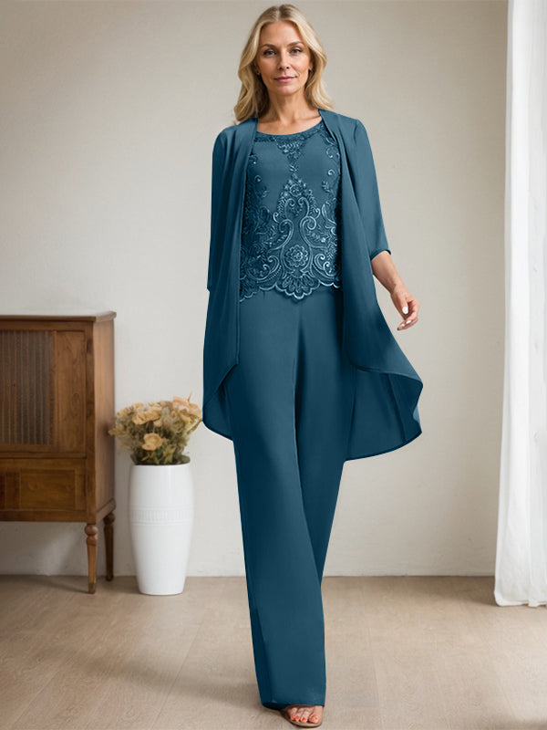 Vestido de madre de la novia de gasa con encaje, escote redondo y lentejuelas y mono/pantalón separado