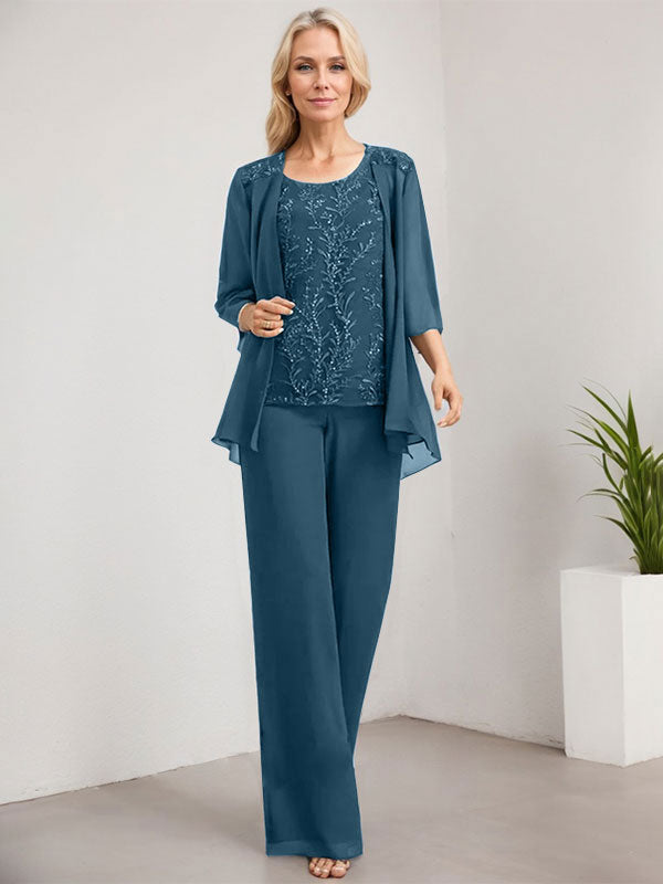 Vestido de madre de la novia de gasa con encaje, largo hasta el suelo, con lentejuelas y mono/pantalón separado