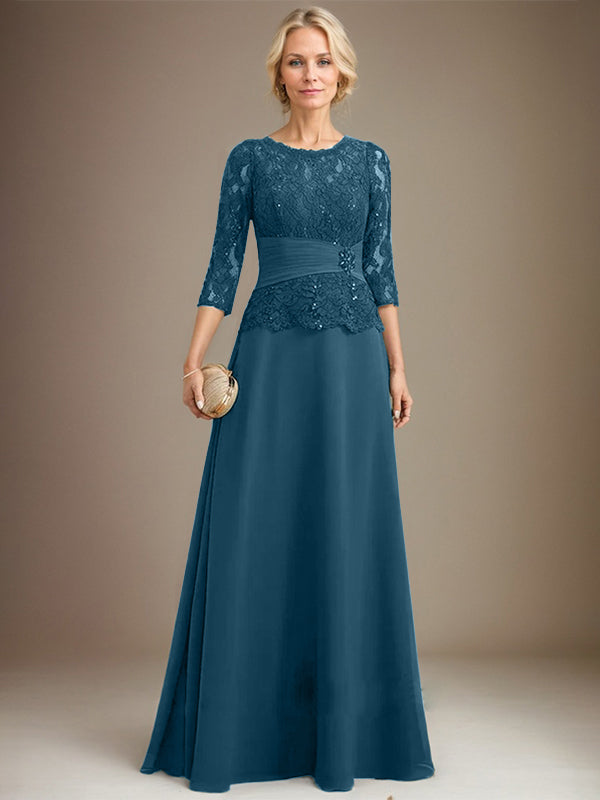 Vestido de gasa con encaje, corte A, ilusión, largo hasta el suelo, para madre de la novia, con lentejuelas plisadas y abalorios