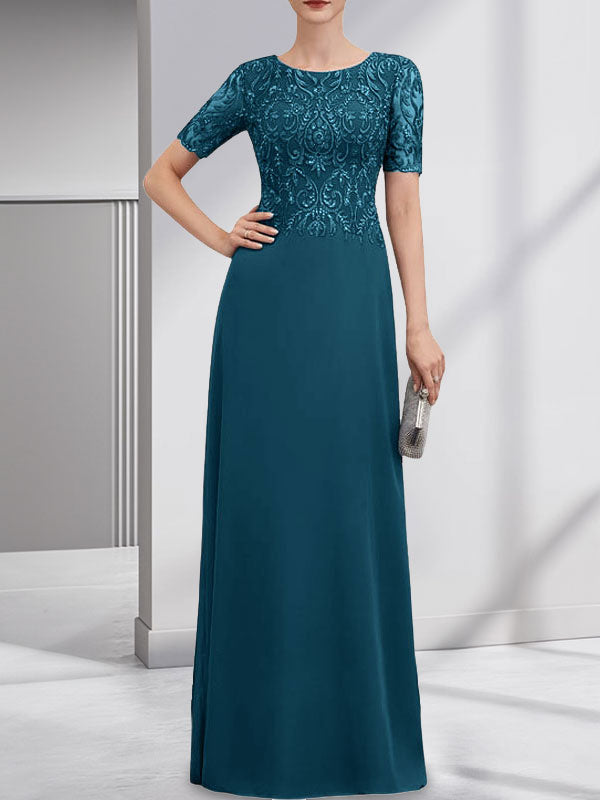 Vestido de gasa con encaje y lentejuelas para madre de la novia, corte A, largo hasta el suelo