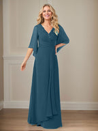 A-Linie V-Ausschnitt Lange Pailletten Chiffon Mutterkleid