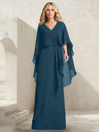 Vestido de gasa para madre de la novia con escote en V, corte A y largo hasta el suelo, con volantes en cascada y cuentas