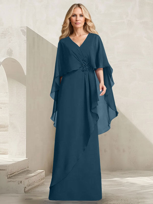 Vestido de gasa para madre de la novia con escote en V, corte A y largo hasta el suelo, con volantes en cascada y cuentas
