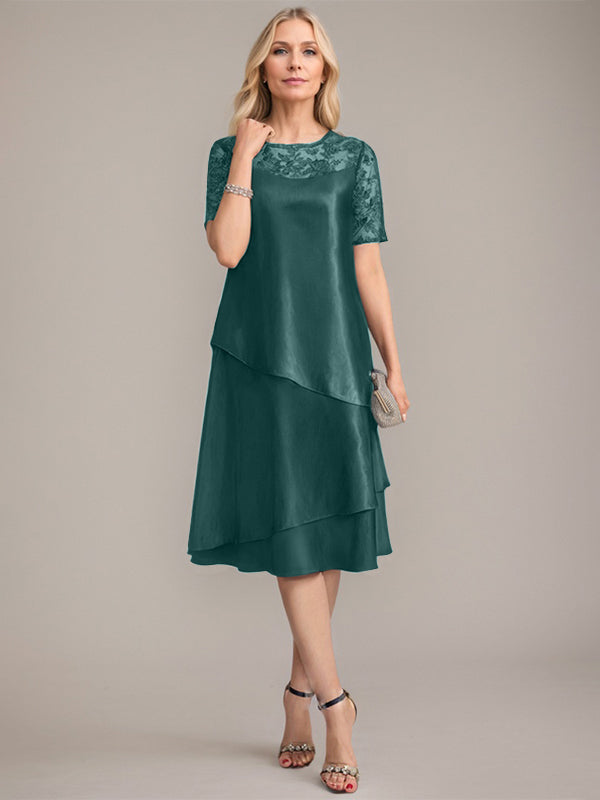 Vestido de madre de la novia con corte en A, escote redondo y largo hasta la rodilla, con apliques y lentejuelas