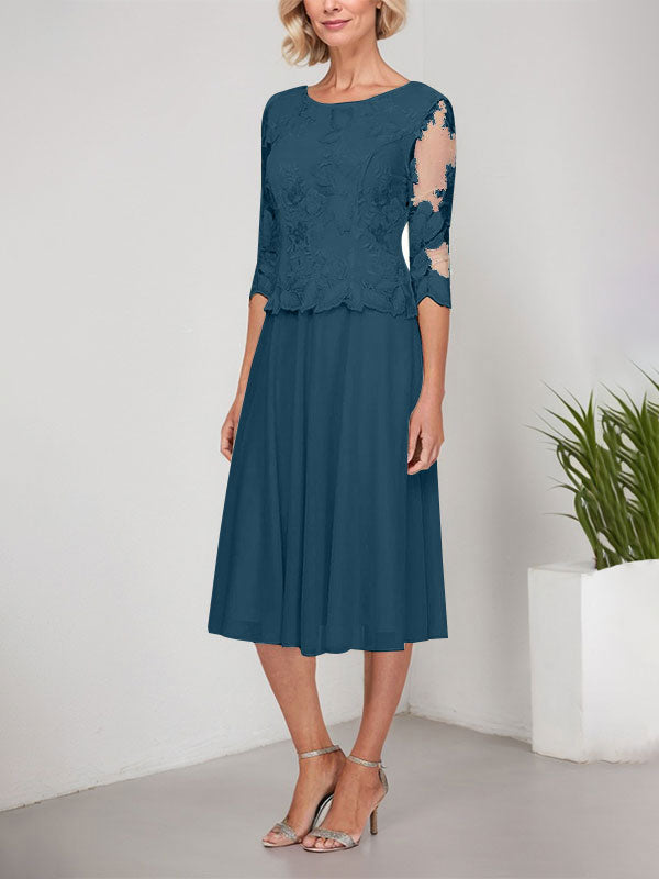 Vestido de gasa con encaje y bordado para madre de la novia, corte A, escote redondo y largo hasta la rodilla