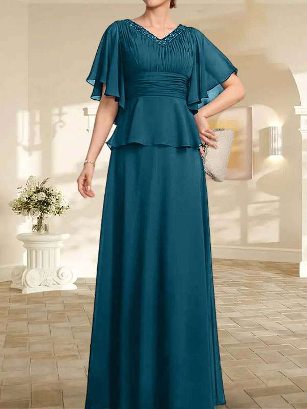 A-Linien-Kleid aus Chiffon mit V-Ausschnitt und bodenlangem Schnitt für die Brautmutter mit plissierten Perlen