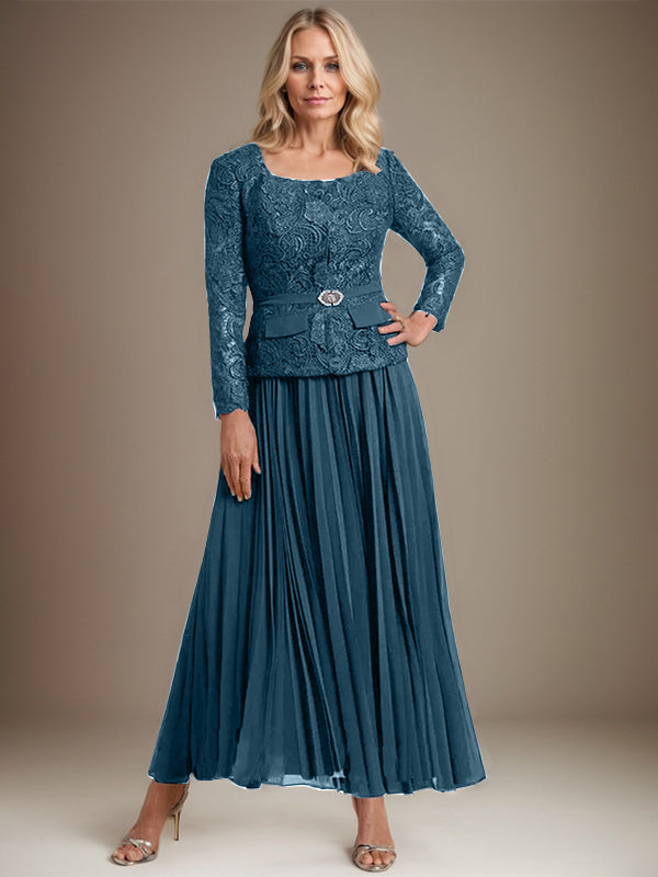 Vestido de gasa para madre de la novia con corte A, cuadrado, largo hasta los tobillos, con pliegues