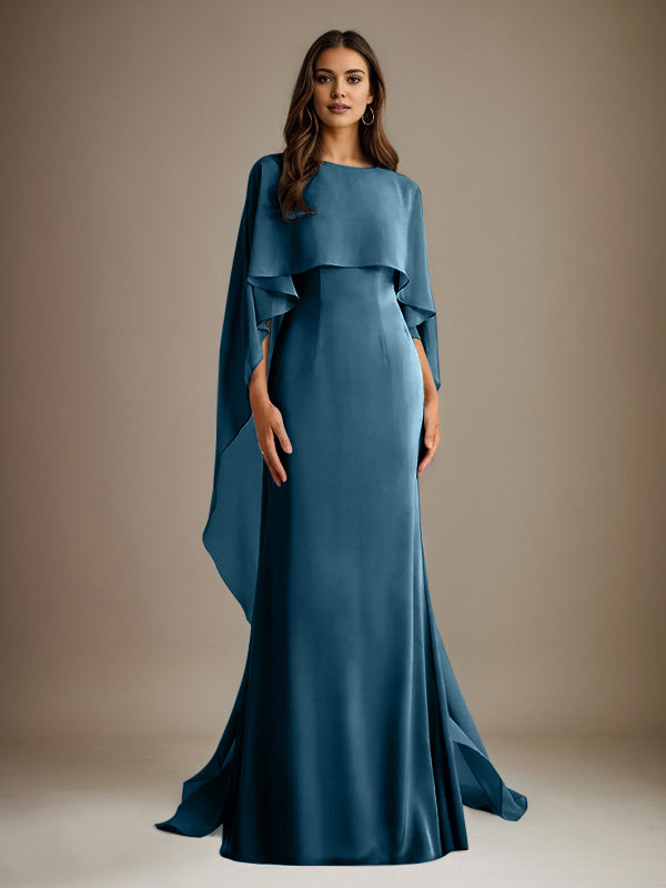 Vestido de gasa para madre de la novia, largo hasta el suelo, con escote barco y corte tubo/columna y volantes en cascada
