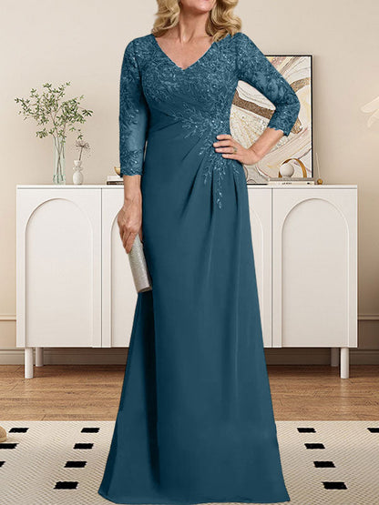 Etui-/Säulen-Kleid mit V-Ausschnitt, bodenlangem Illusion-Spitzen-Chiffon und plissierten Pailletten 