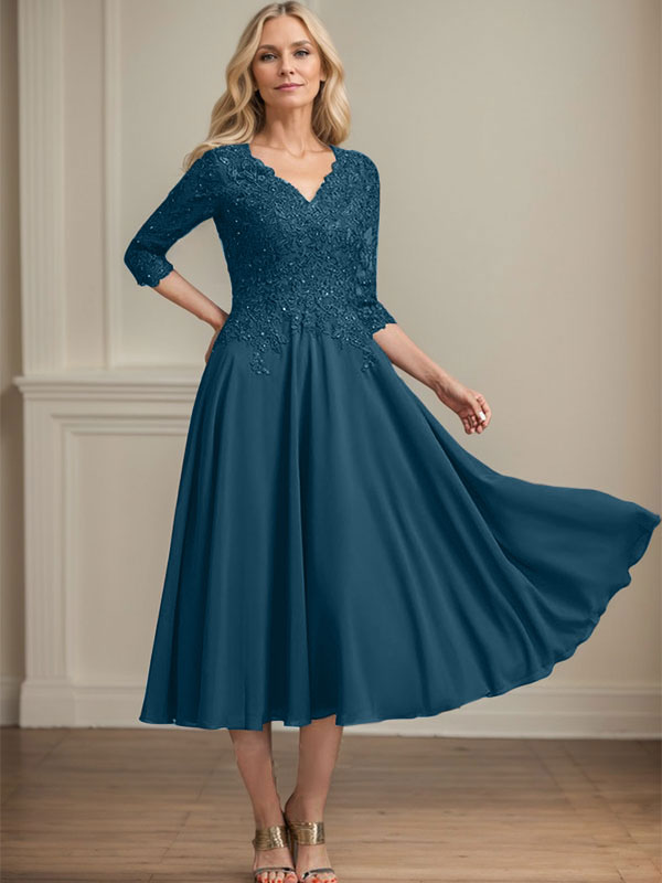 A-Linie V-Ausschnitt Wadenlanges Chiffon-Spitzenkleid für die Brautmutter mit Perlen und Pailletten 