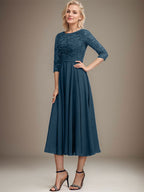 Vestido de gasa con encaje y lentejuelas para madre de la novia, corte A, escote redondo y largo hasta la rodilla