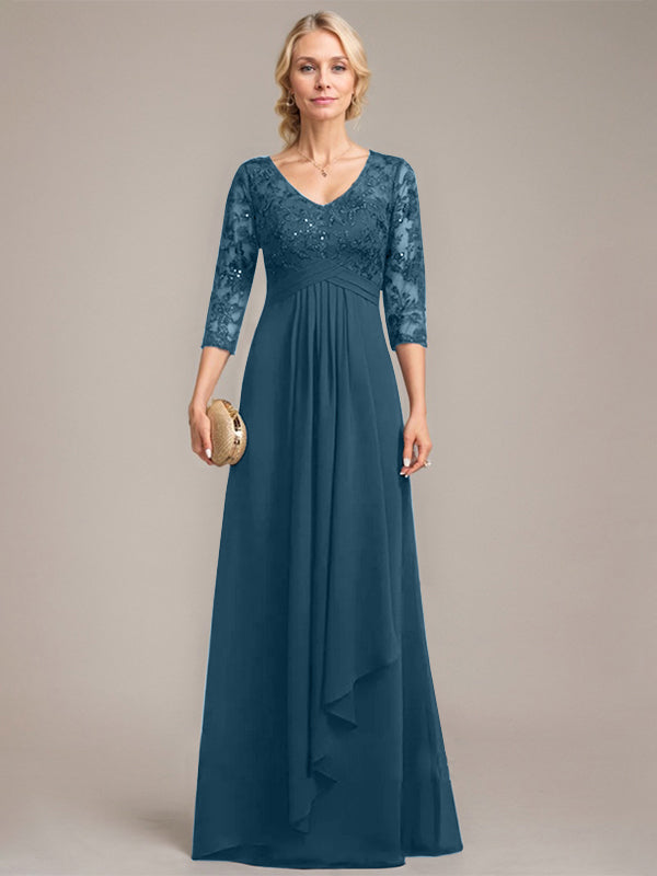 Vestido de madre de la novia de gasa con encaje, escote en V, largo hasta el suelo, con volantes en cascada y lentejuelas