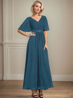 Vestido de gasa para madre de la novia con escote en V, largo hasta los tobillos, corte A y lentejuelas plisadas con cuentas