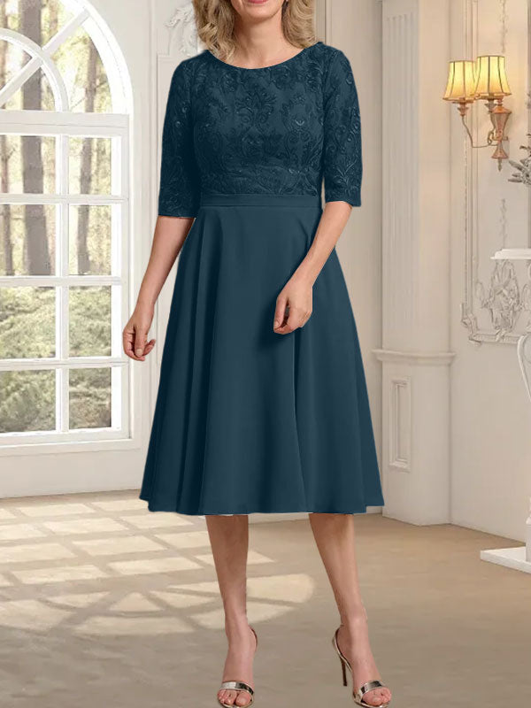 Vestido de gasa con encaje y escote redondo hasta la rodilla para madre de la novia