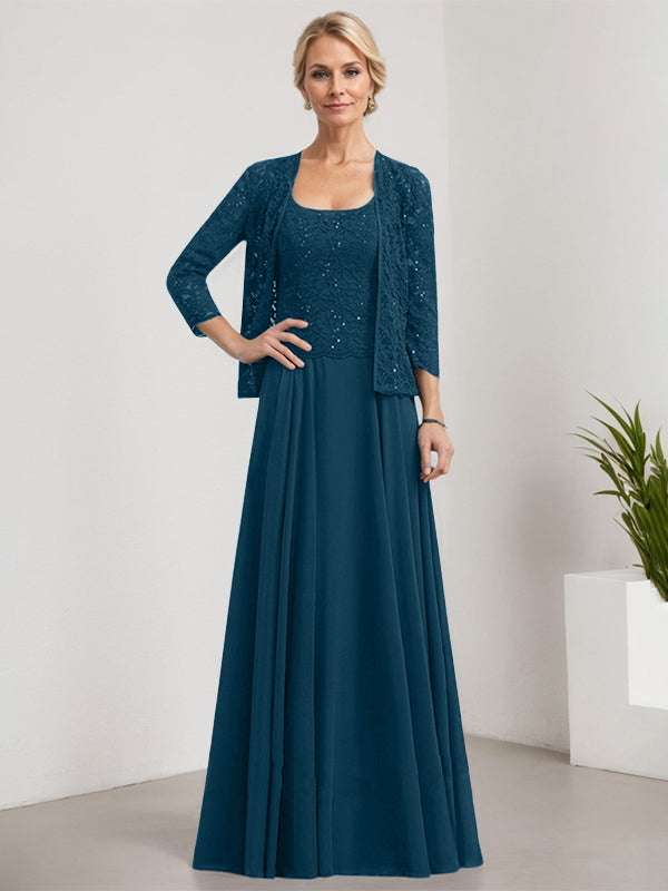 Vestido de madre de la novia de gasa con encaje, corte A, largo hasta el suelo, cuadrado y lentejuelas