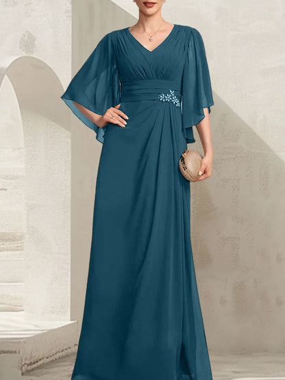 Etui-Linie/Säule V-Ausschnitt Bodenlang Chiffon Kleid für die Brautmutter mit Plissee Pailletten Perlenbesatz