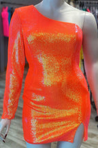 Blue Sequin Hoco Dress  One Sleeve Short Homecoming Dress SYH21