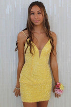 Enges gelbes kurzes Homecoming-Kleid mit Perlen SYH27