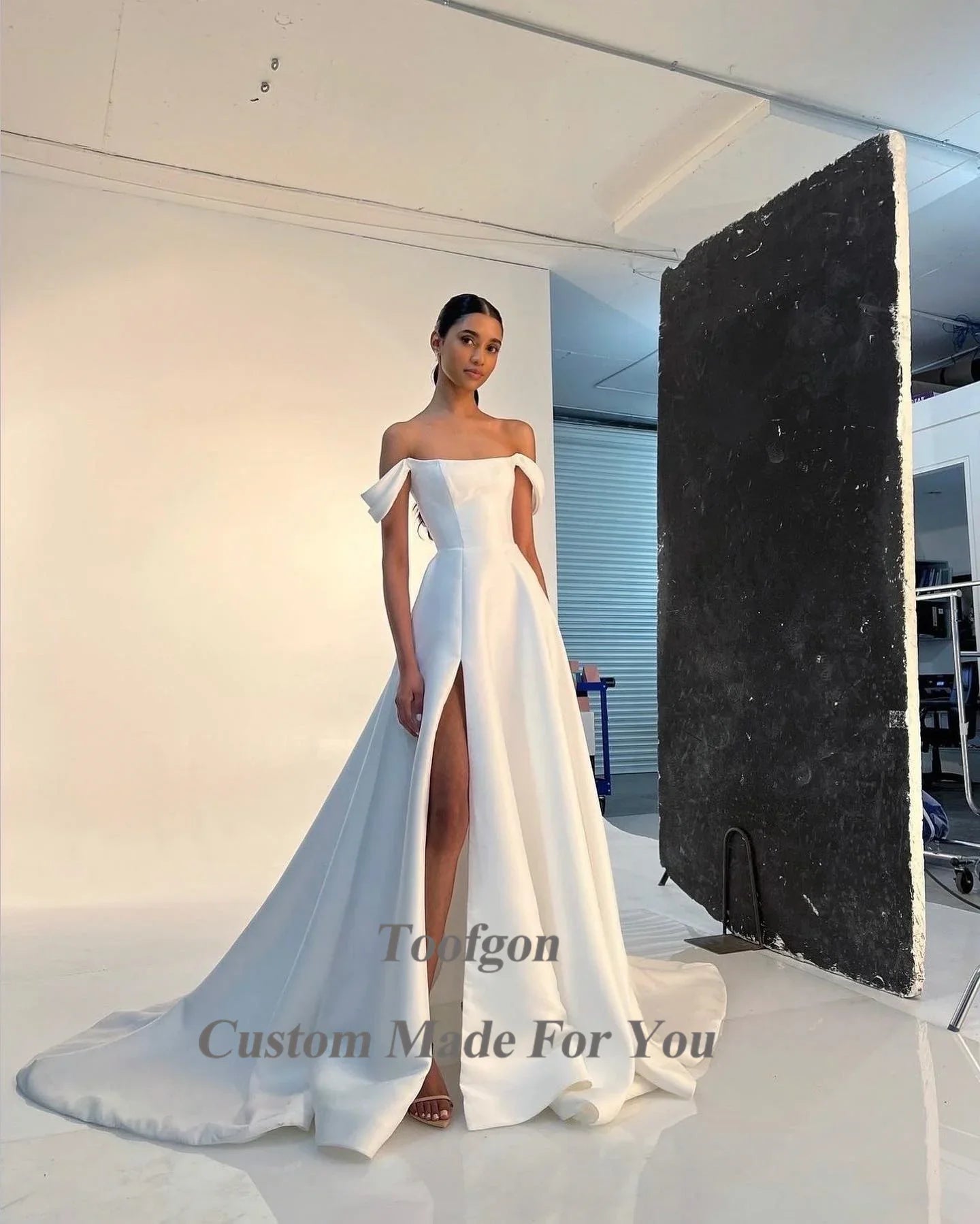 Simple A Line Satin Bride Wedding Dresses Strapless High Split Bridal Dress Women Formal Special Party Bridal Gowns-payinti