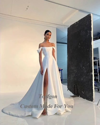 Simple A Line Satin Bride Wedding Dresses Strapless High Split Bridal Dress Women Formal Special Party Bridal Gowns-payinti