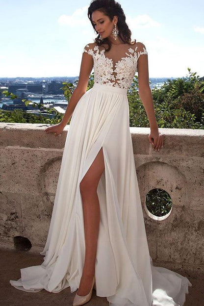 Top lace Appliques Side Slit Chiffon Party Evening Prom Dresses