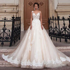 Transparent Champagne Bride with Removable Pearl Belt Sleeveless Bare Back Lace2023 Series wedding dress-payinti