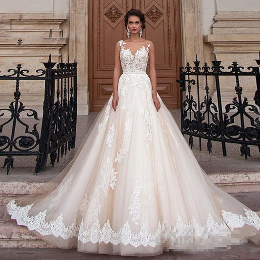 Transparent Champagne Bride with Removable Pearl Belt Sleeveless Bare Back Lace2023 Series wedding dress-payinti